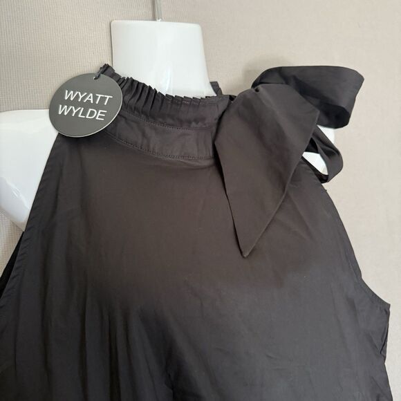 WYATT WYLDE Maxi Dress Large L Black Womens Helena Tie Neck Pockets Cotton New - Picture 12 of 13